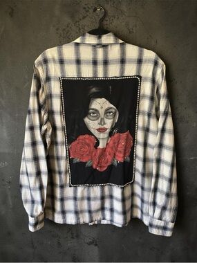 Upcycled Plaid Flannel Shirt with Rose & Dia de los Muertos Back Graphic